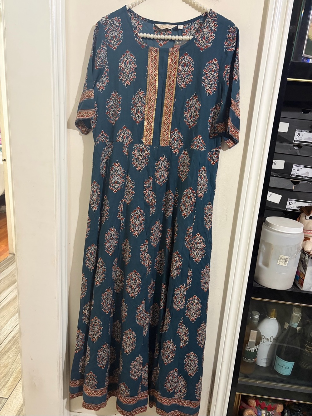 Teal Printed Boho Maxi Dress with Short Sleeves